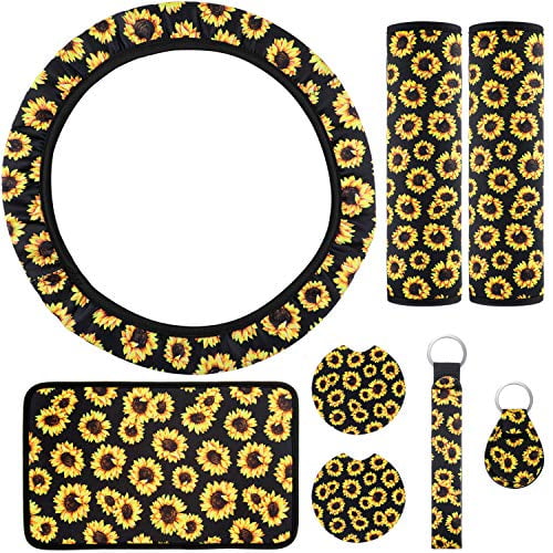 2 Pieces Car Cup Holder Coaster Includes Sunflower Steering Wheel Cover Center Console Armrest Pad 2 Pieces Seat Belt Covers 2 Pieces Sunflowers Keyrings 8 Pieces Sunflower Car Accessories Set